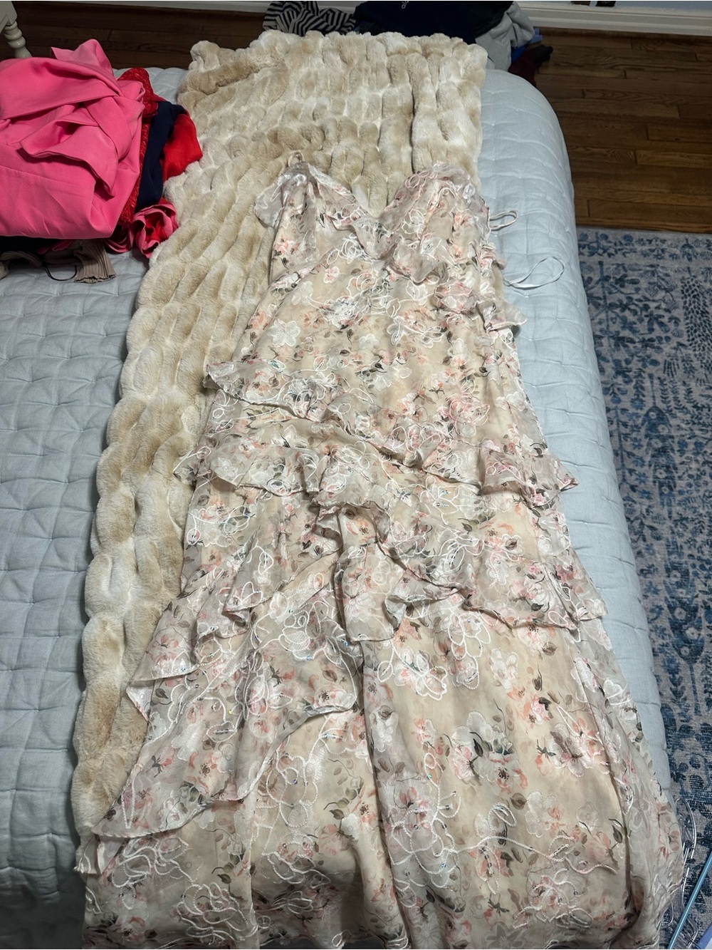 Lulu's Floral Ruffle Tiered Maxi Dress in Beige and Pink